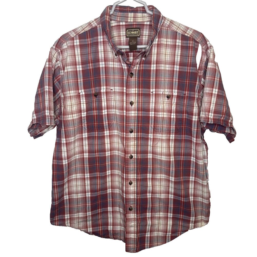 CE Schmidt Workwear Short Sleeve Shirt Button Down Mens XL Red Plaid Pockets